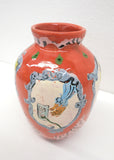 (Maggie Boyd) Ambiguous European Ornament Vase in red with Witches Leg and Domestic Scenarios