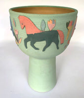 (Heidi Anderson) Green Pot with Lion and Horse